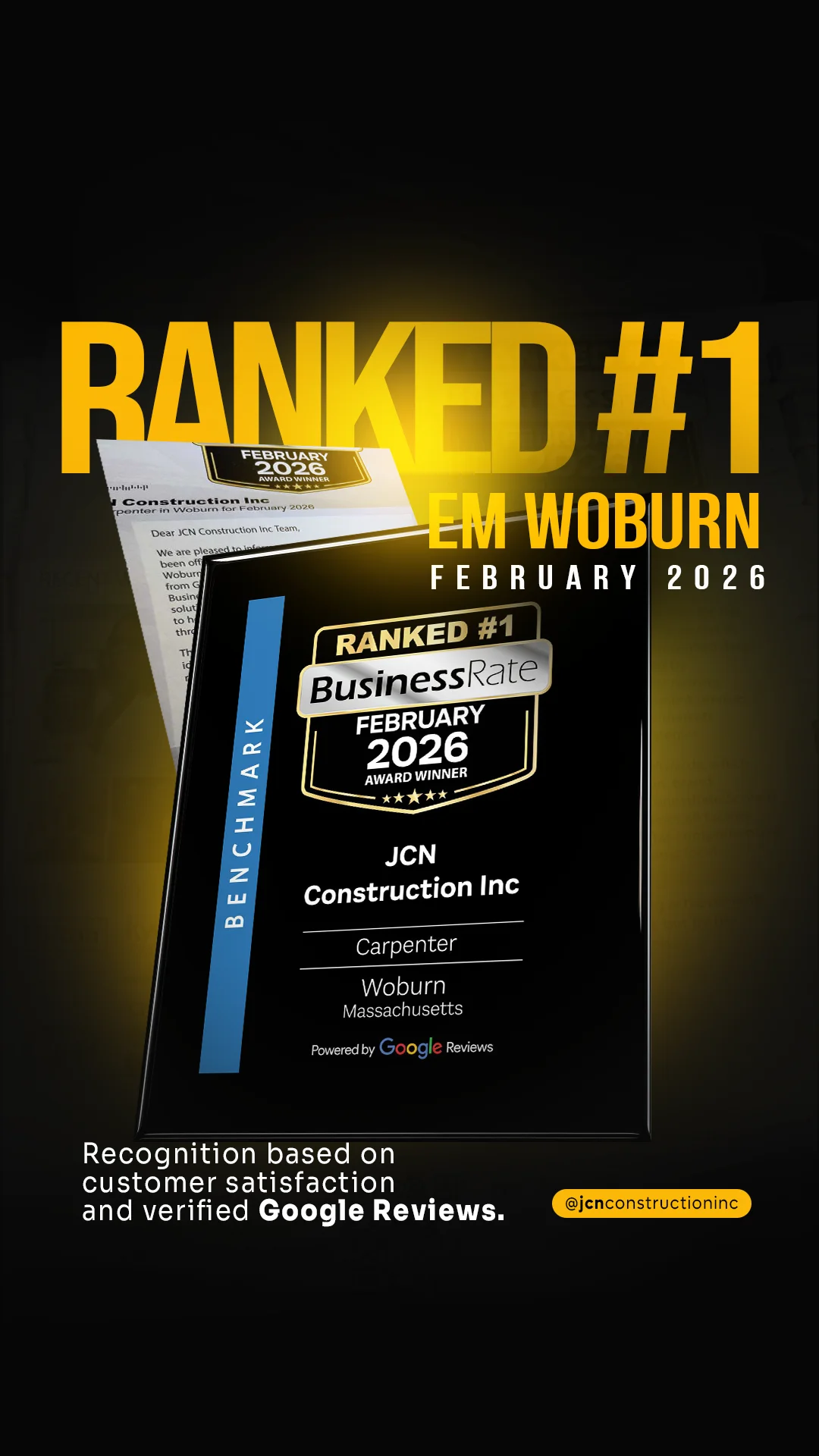 JCN Construction Ranked #1 BusinessRate Award